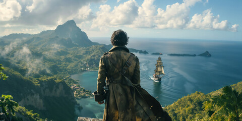 Fototapeta premium pirate captain stares out at carribbean sea with a galleon in the water