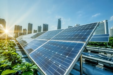 Fototapeta premium Solar panels on top of a business building in the city