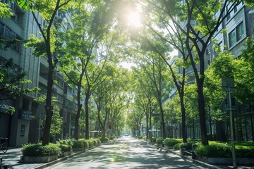 Fototapeta premium Trees growing on a city street keeping a cement jungle green