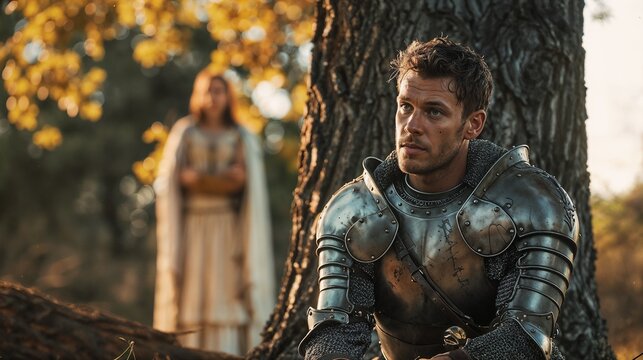 Sir Lancelot the knight of the round table with an out of focus Guinevere