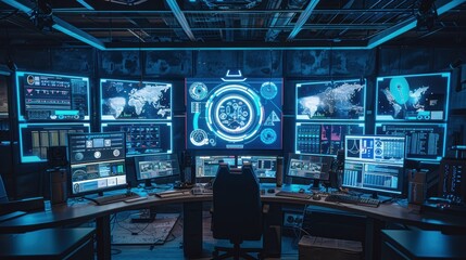 High tech security operations center monitoring global network activity