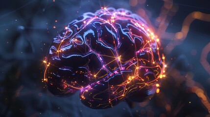 Digital brain with lights and sparks is forming new connections
