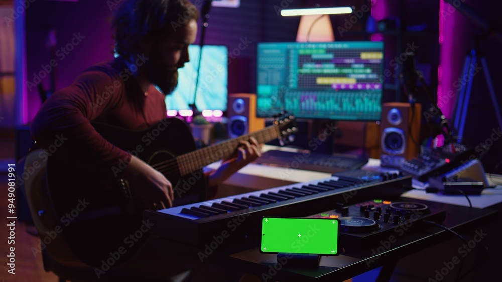 Leinwandbilder songwriter playing acoustic guitar in home studio with greenscreen display running on smartphone app