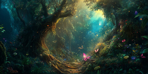 Obraz premium Enchanted Forest: A stunning scene of a fairy-tale forest filled with glowing butterflies and mysterious lights