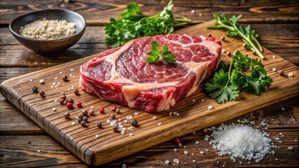 Juicy raw ribeye steak freshly cut, revealing its marbled fat patterns, sits on a rustic wooden board, surrounded by fresh parsley and a sprinkle of coarse salt.
