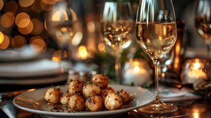 A plate of food with a glass of wine on a table