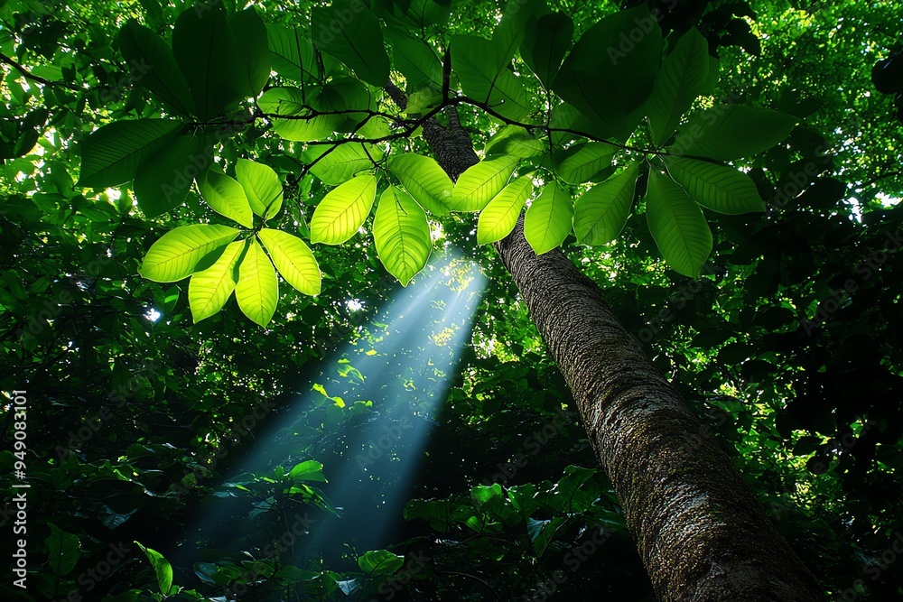 Poster Hunting Forest with dense trees and soft mist, captured in a photo where shafts of light break through the canopy, creating an eerie, tranquil atmosphere