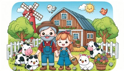 Obraz premium Happy Family on a Farm with Cute Animals