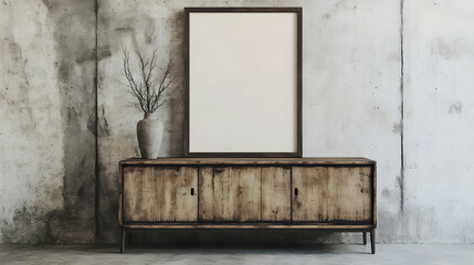 A wooden cabinet with a rustic finish stands against a raw concrete wall in an industrial-style room