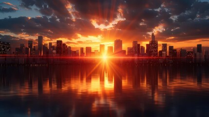 Fototapeta premium Photorealistic cityscape silhouette, sunrise over a bustling city, tall skyscrapers casting long shadows, highresolution, rich colors, lifelike details