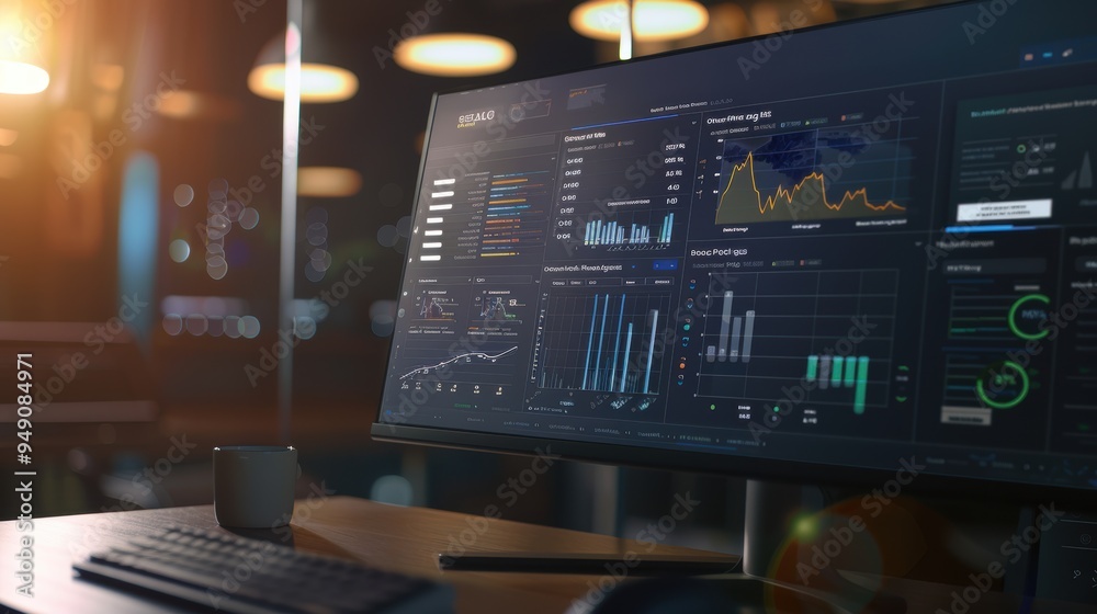 Wall mural large screen showing graphs and charts displaying financial data in an office at night