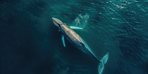 Fototapeta premium Aerial drone view of a majestic blue whale Balaenoptera musculus gracefully gliding through the ocean depths