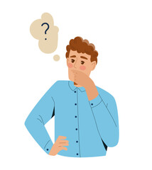 Person at work concept. Man with question sign. Pensive young guy trying to solve problem. Worker in office. Poster or banner. Flat vector illustration isolated on white background