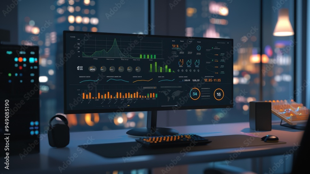 Wall mural computer showing statistics and data on a desk at night with city lights in background