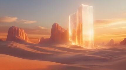 Towering reflective structure amidst golden sand dunes during a serene sunset