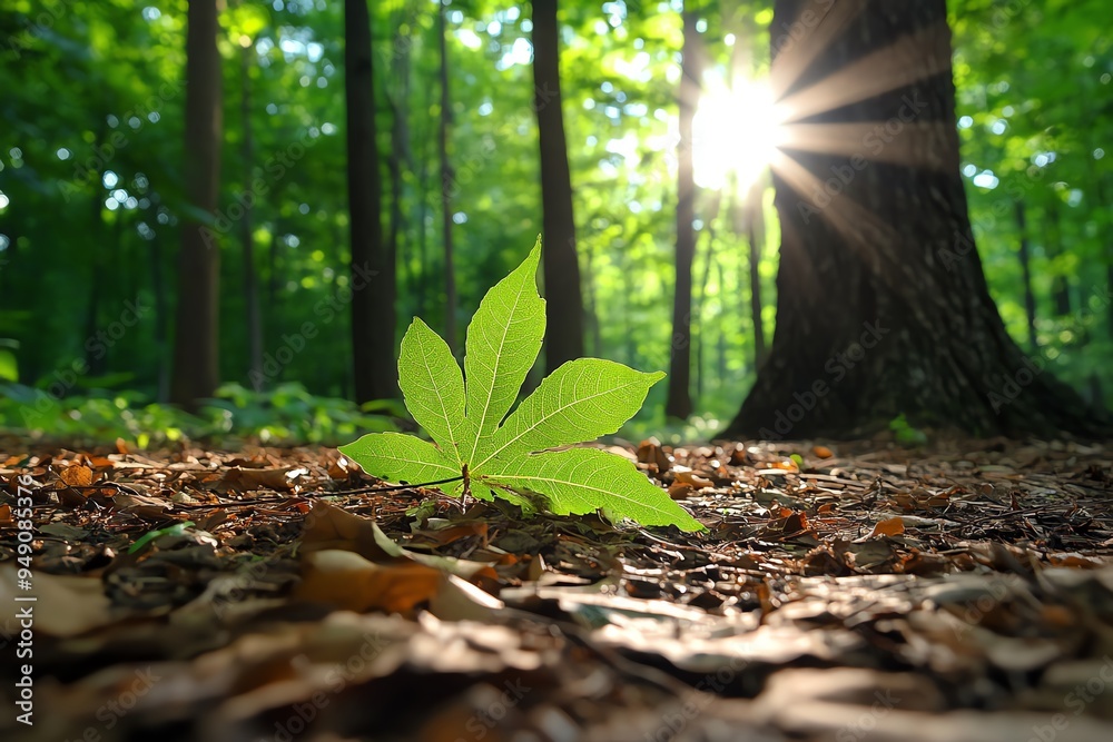 Poster Hunting Forest with sunlight filtering through the branches, illustrated with golden light creating dappled patterns on the forest floor, adding warmth to the scene
