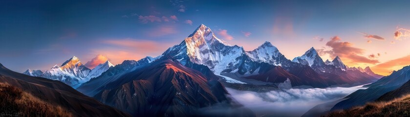 Photorealistic nature landscape, majestic mountain range with snowcapped peaks under a clear blue sky, highresolution details, vibrant colors, lifelike textures