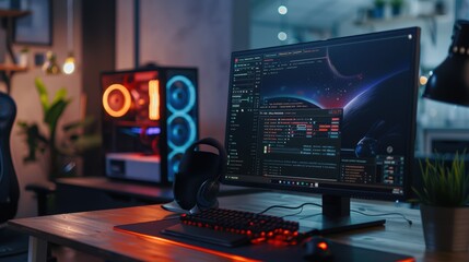 Software developer workplace with computer showing database on screen in stylish neon lit room
