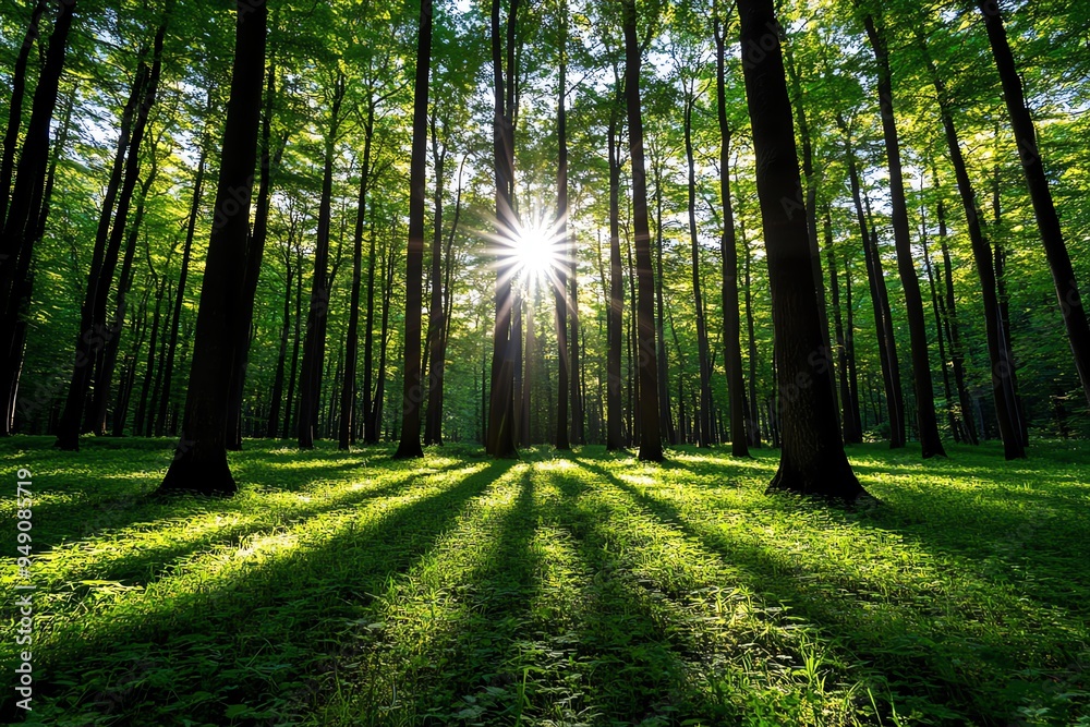 Poster Hunting Forest with sunlight filtering through the branches, illustrated with golden light creating dappled patterns on the forest floor, adding warmth to the scene