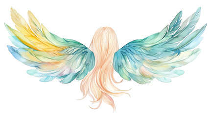 Obraz premium Boho Christmas angel clipart, with a halo of feathers, watercolor illustration, light pastel colors, isolated on white background