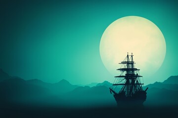 Fototapeta premium A majestic silhouette of a ship against a glowing moon, creating a tranquil and mysterious atmosphere over the ocean.