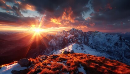 Photorealistic sunset in the mountains, golden light illuminating snowcapped peaks, dramatic sky, highdefinition, vivid colors, hyperdetailed textures