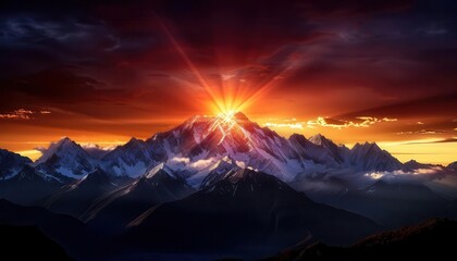 Obraz premium Photorealistic sunset in the mountains, golden light illuminating snowcapped peaks, dramatic sky, highdefinition, vivid colors, hyperdetailed textures