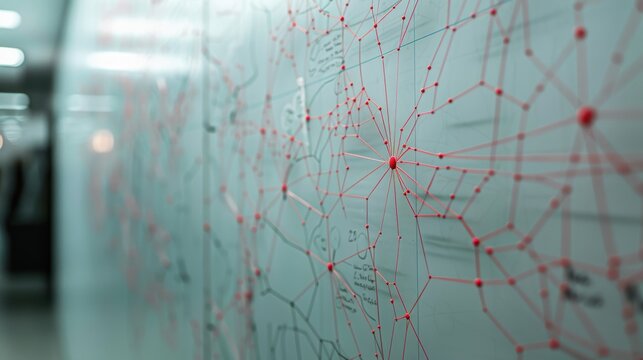 Business people analyzing connected push pins on a wall chart