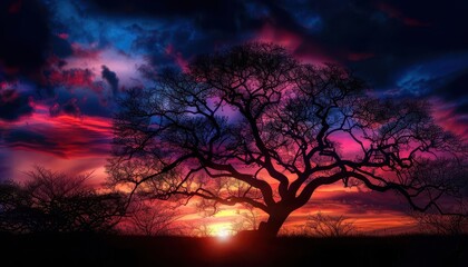 Naklejka premium Photorealistic tree silhouette, group of trees with a colorful twilight background, intricate branches, highresolution, rich colors, lifelike details