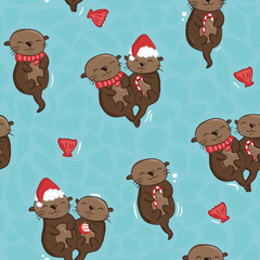 Cute Christmas seamless pattern with adorable otters. Holiday vector background.