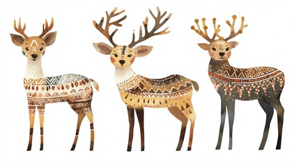 Obraz premium Boho Christmas deer clipart, with tribalpatterned fur, watercolor illustration, earthy tones, isolated on white background