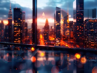 Photorealistic urban skyline at dusk, city lights reflecting on skyscraper windows, highresolution details, vibrant colors, lifelike textures