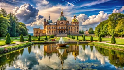Fototapeta premium Majestic Baroque-style palace with grand dome and ornate stonework set amidst lush green gardens and tranquil lake in a serene sunny afternoon setting.