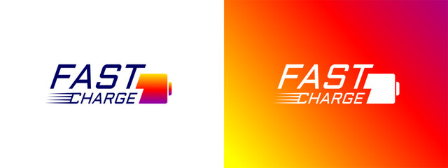 Fast electric battery charging logo. Quick electrical power charger station brand identity symbol. Speed electricity charge logotype. Express energy recharge company insignia. Advertising eps badge