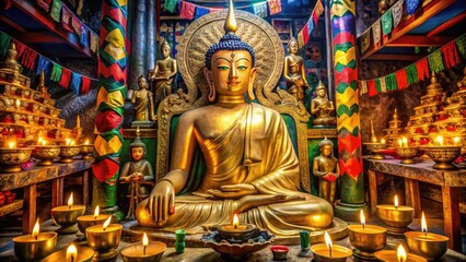 Fototapeta premium Majestic golden Buddha statue surrounded by intricate Tibetan prayer flags, candles, and mystical sacred symbols, imbuing a sense of spiritual harmony and inner peace.