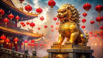 Fototapeta premium Majestic golden Chinese lion statue with intricately carved fur and regal expression, sitting atop a ornate pedestal, surrounded by vibrant red lanterns and subtle mist.