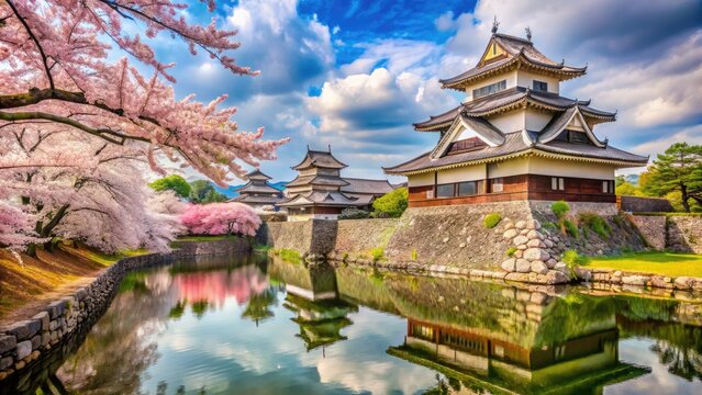 Majestic feudal-era castle in rural Japan, surrounded by lush greenery, vibrant cherry blossoms, and serene moat, with intricate stone walls and majestic architecture.