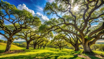 Fototapeta premium Majestic live oak trees with sprawling canopies and twisted branches stand tall in a sun-drenched Texas hill country landscape with rolling hills and blue skies.