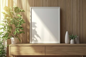 Poster Frame Mockup on Wooden Interior Background created with Generative AI