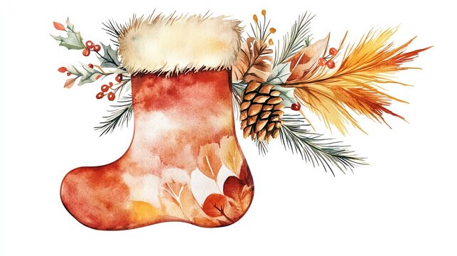 recommend clip art: Boho Christmas stocking holder clipart, with decorative feathers, watercolor illustration, warm tones, isolated on white background