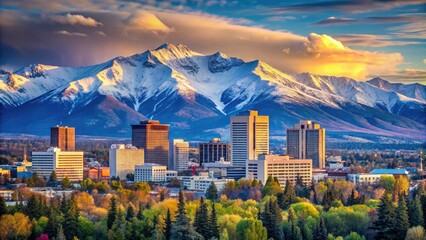 Majestic snow-capped mountains serve as a serene backdrop to Anchorage's bustling cityscape featuring modern skyscrapers, historic architecture, and vibrant street life.