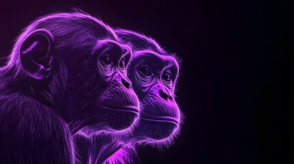 Neon Monkeys Dating and Hugging on Black Background, Abstract Image, Texture, Pattern, Wallpaper, Cover and Screen for Smartphone, PC, Laptop, 9:16 and 16:9 Format