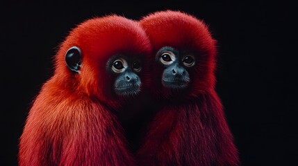 Neon Monkeys Dating and Hugging on Black Background, Abstract Image, Texture, Pattern, Wallpaper, Cover and Screen for Smartphone, PC, Laptop, 9:16 and 16:9 Format