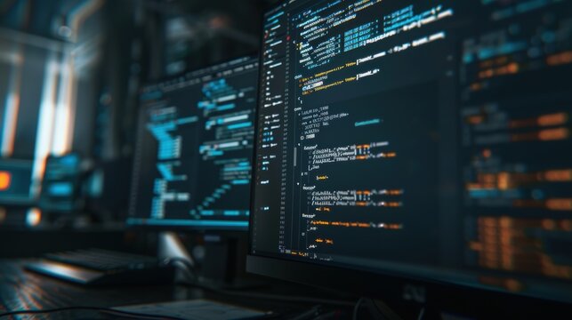 Computer programmer writing code on multiple monitors in office at night