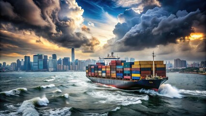 Massive freight ship navigates choppy waters, laden with stacked containers and bulk cargo, against a backdrop of distant cityscape and cloudy sky.