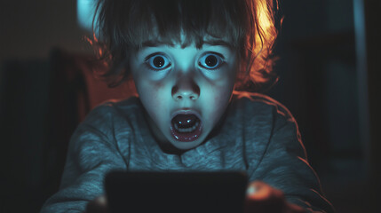 A young child looks at a mobile device, tablet or cellphone, with an expression of fear or horror. They have been alarmed or scared by something online. Wide landscape ratio 16:9 with copy space