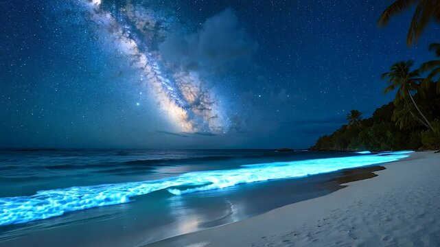 A mesmerizing tropical nightscape where glowing blue bioluminescent waves caress a pristine beach under the arc of the Milky Way galaxy.