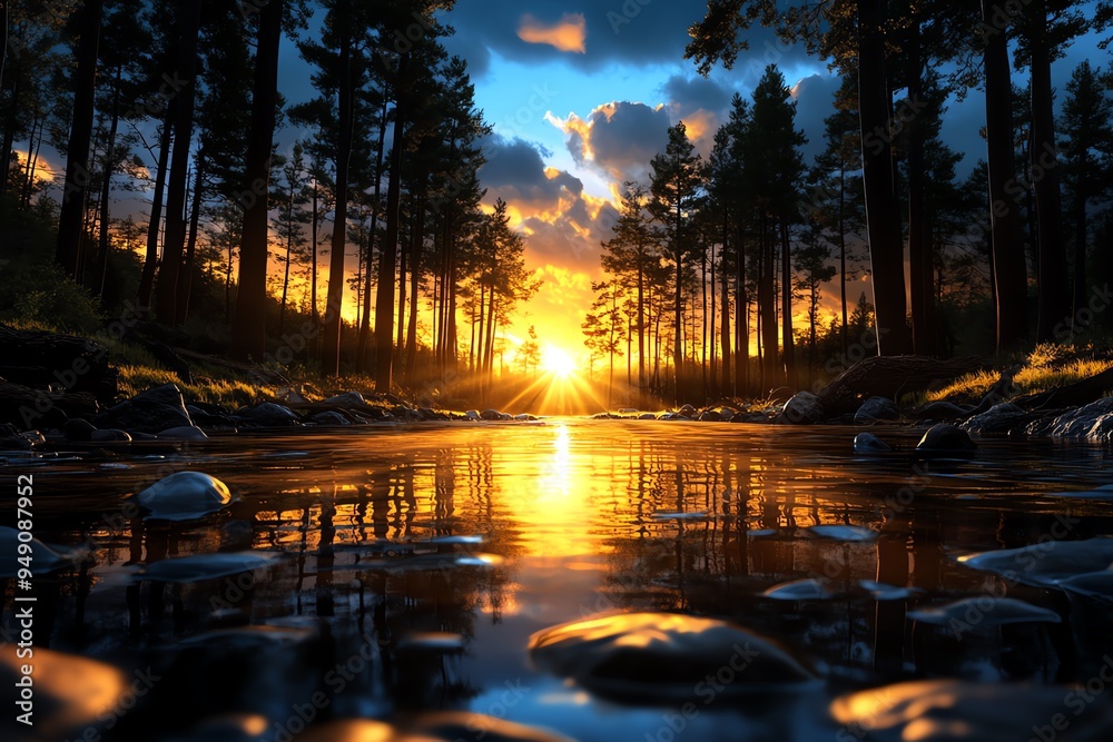 Aufkleber hunting forest with the quiet of dawn, depicted in an artwork where the first light of day brings a 