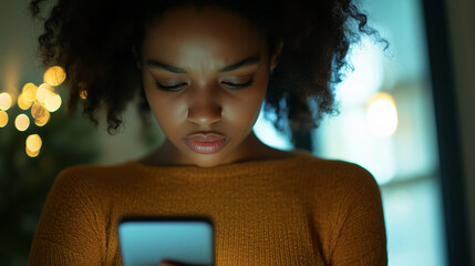 A young black woman or girl looks at her phone with an expression of concern or worry, the victim or cyberbullying, revenge porn, blackmail. Wide landscape ratio 16:9 with copy space