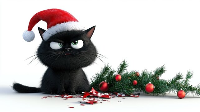 A mischievous black cat wearing a Santa hat sitting beside a festive holiday decoration with red ornaments and greenery